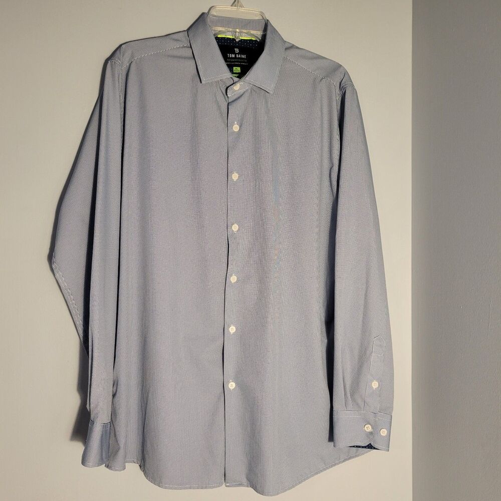 Tom Baine Performance Slim Fit Button-Up Shirt Navy & White 4-Way Stretch Men XL